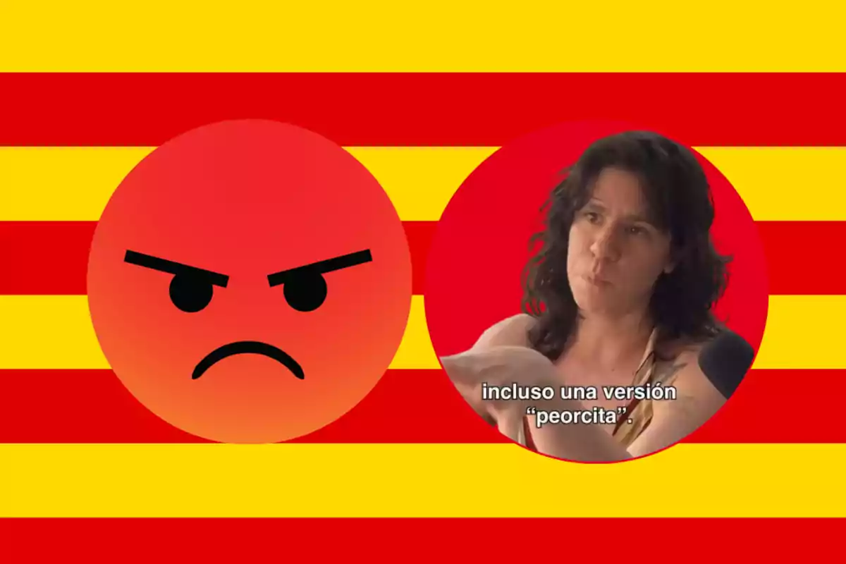 Emoticona d’enuig i una dona parlant amb subtítol que diu fins i tot una versió una mica pitjor sobre un fons de franges vermelles i grogues