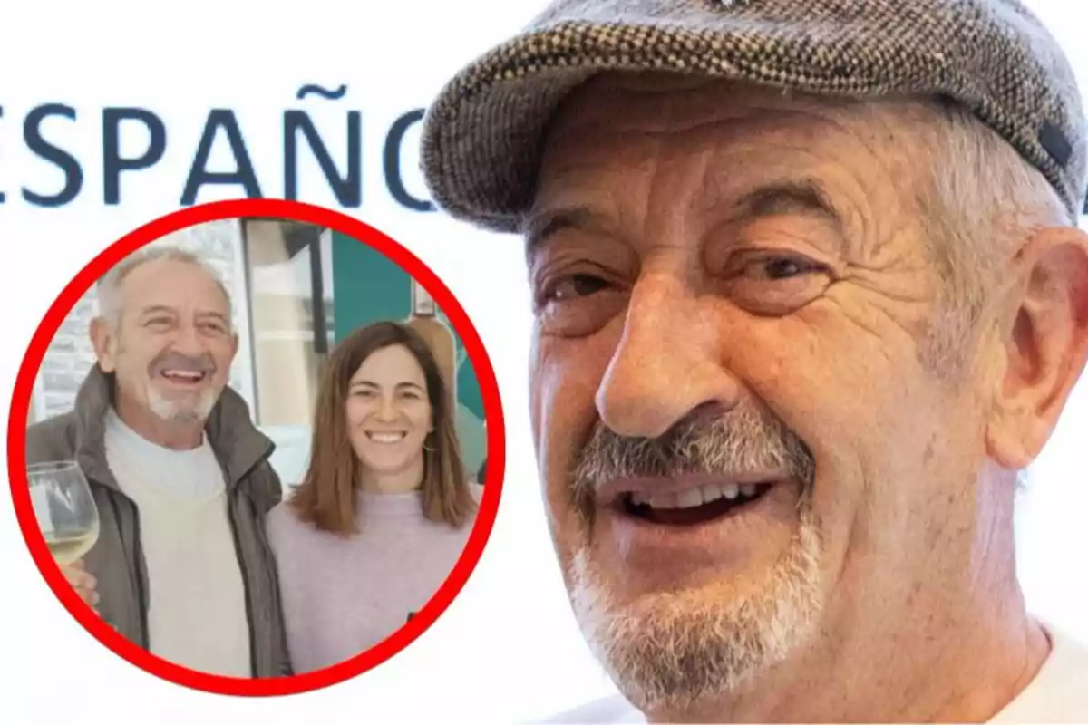 Karlos Arguiñano somrient en primer pla i una imatge circular inserida mostrant el mateix home acompanyat d’una dona jove, la seva filla Amaia, tots dos somrient i sostenint una copa de vi.