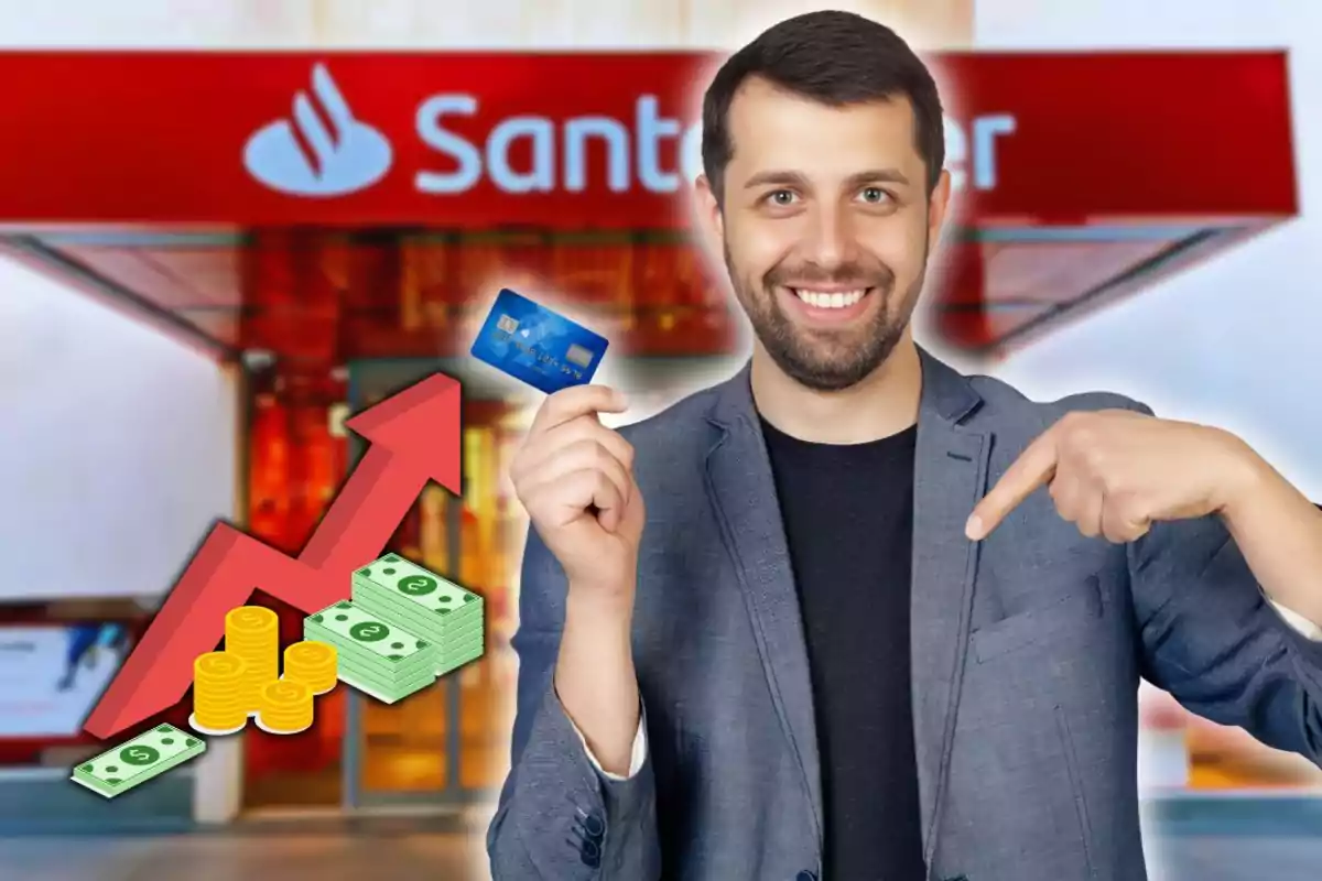 Home somrient sostenint una targeta de crèdit davant d’una sucursal del banc Santander amb gràfics de diners i una fletxa de creixement