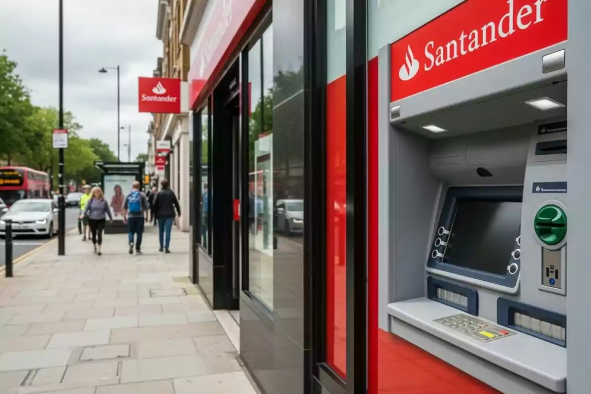 Cajero automático de un banco Santander en una acera concurrida de una ciudad Cajero automático de un banco Santander en una acera concurrida de una ciudad