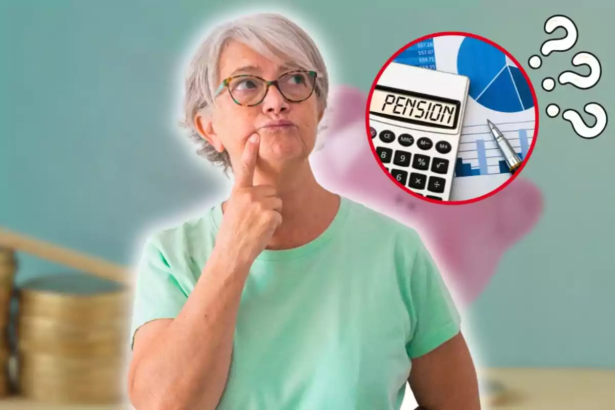 Mujer mayor con expresión pensativa y gráficos relacionados con pensión y finanzas al fondo