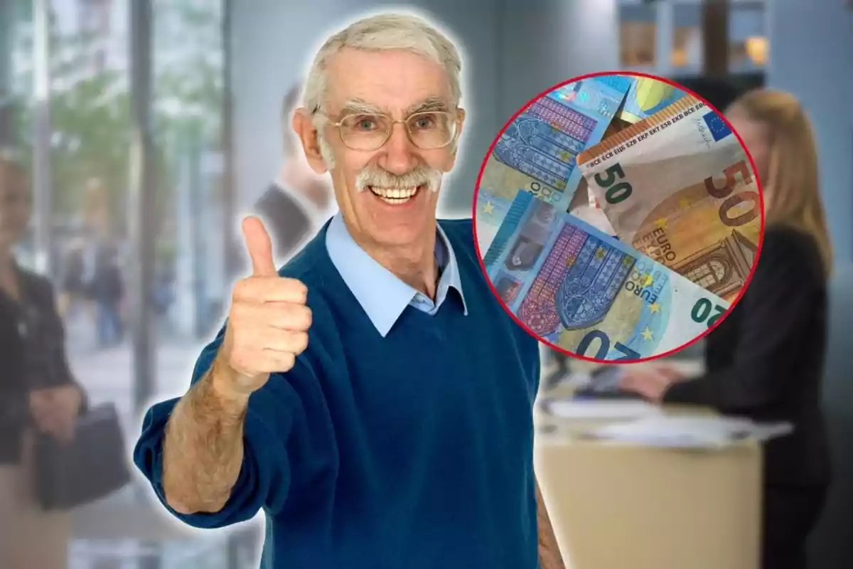 Home gran somrient amb el polze aixecat i bitllets d’euro en un cercle superposat en un entorn d’oficina desenfocat