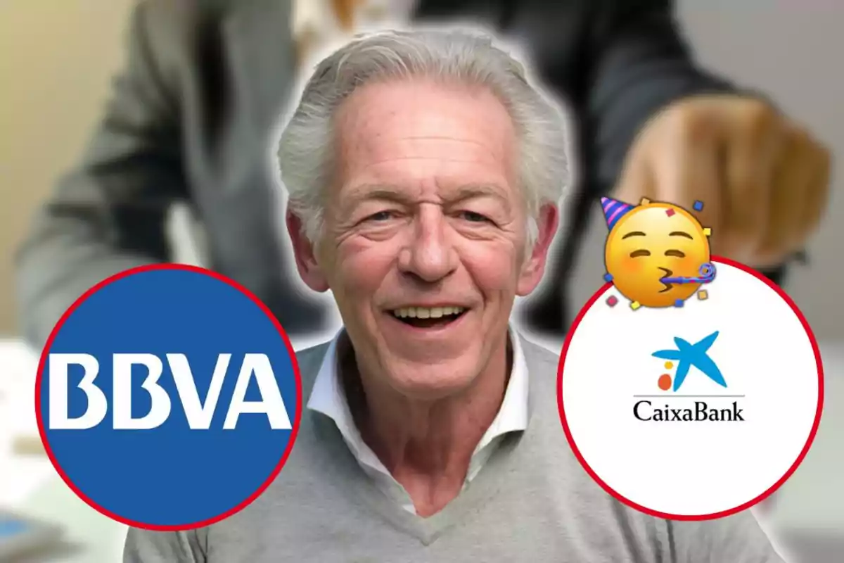 Home gran somrient al centre amb els logotips de BBVA i CaixaBank als costats i un emoji de celebració sobre el logotip de CaixaBank