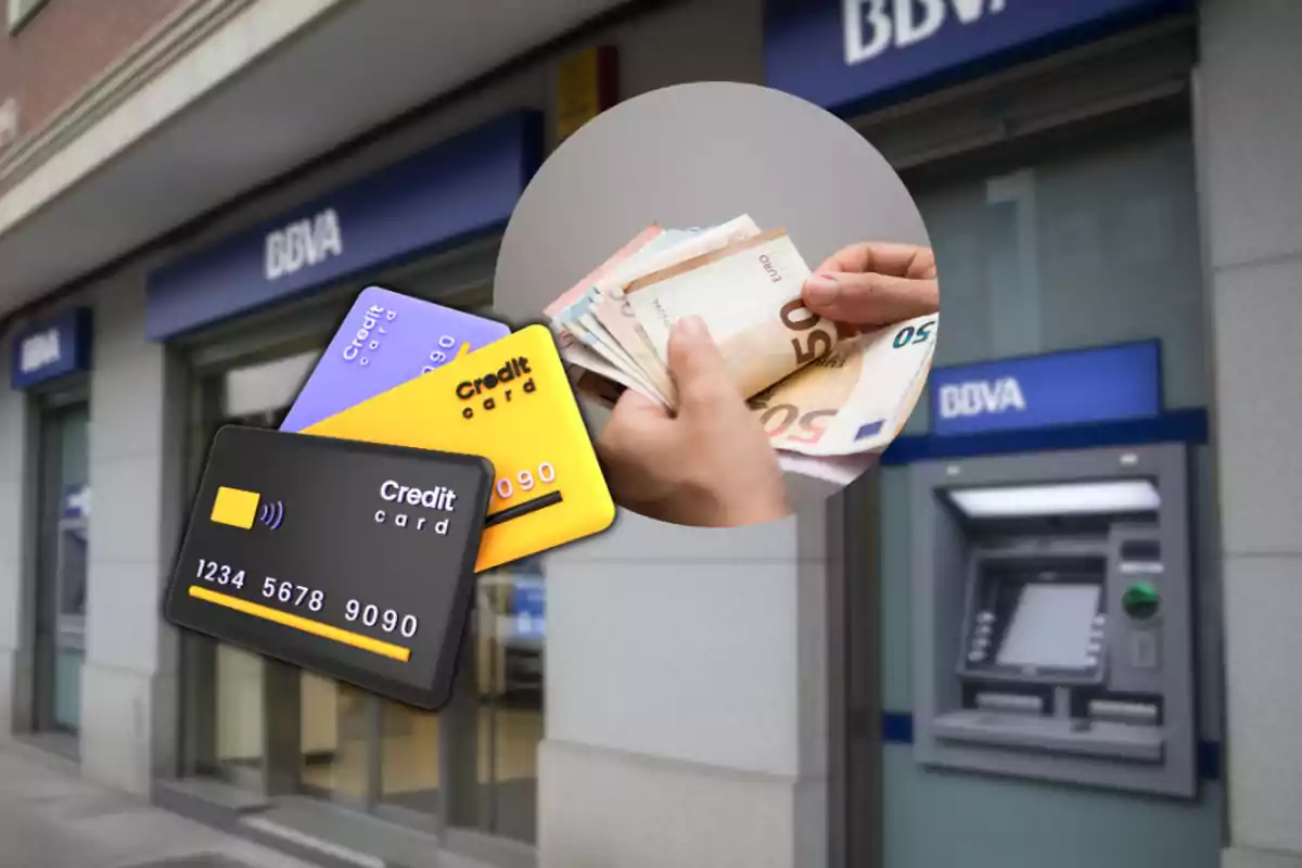 Fachada de un banco BBVA con un cajero automático, varias tarjetas de crédito y una persona contando billetes de euro Fachada de un banco BBVA con un cajero automático, varias tarjetas de crédito y una persona contando billetes de euro