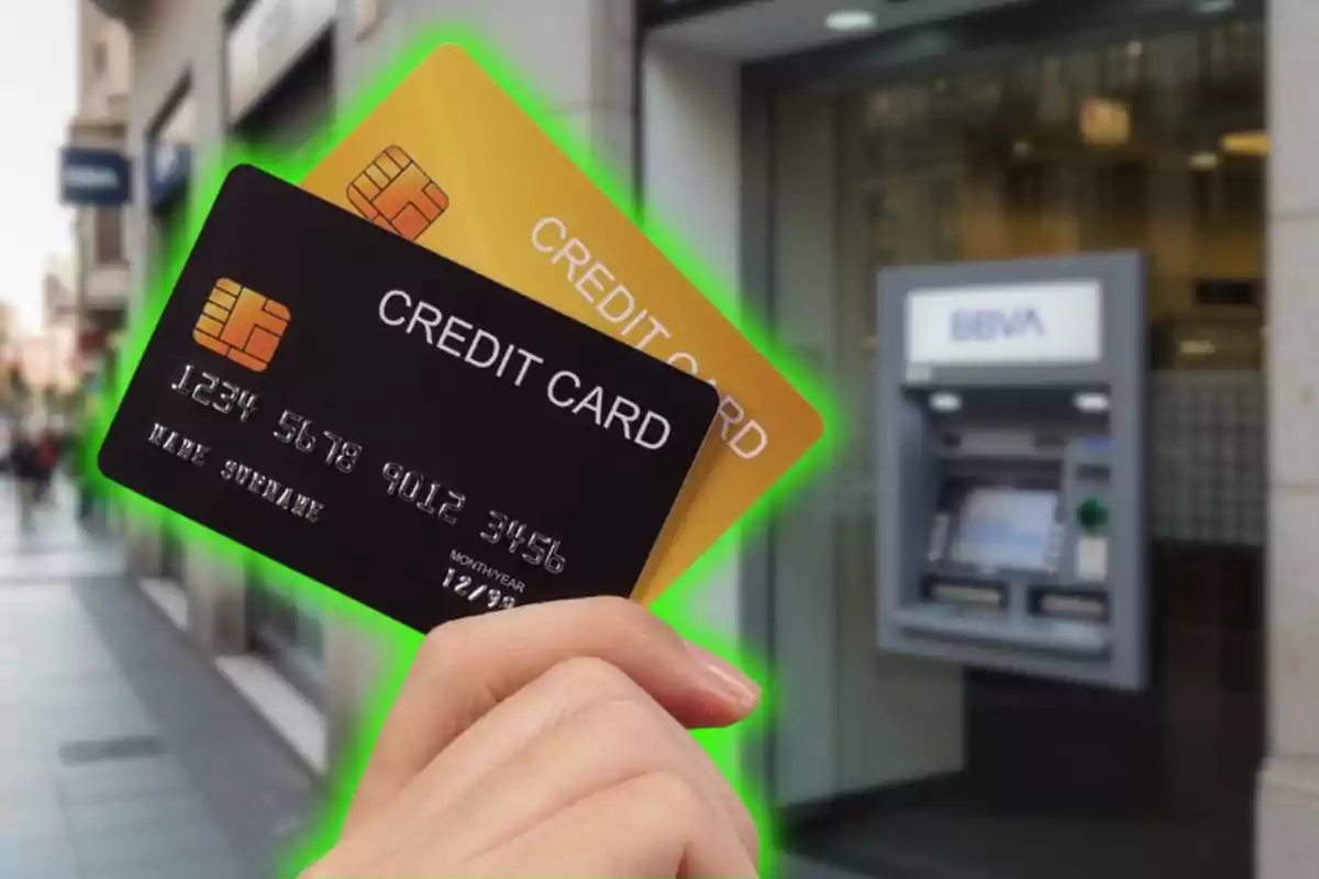 Una mano sostiene dos tarjetas de crédito frente a un cajero automático de un banco BBVA Una mano sostiene dos tarjetas de crédito frente a un cajero automático de un banco BBVA