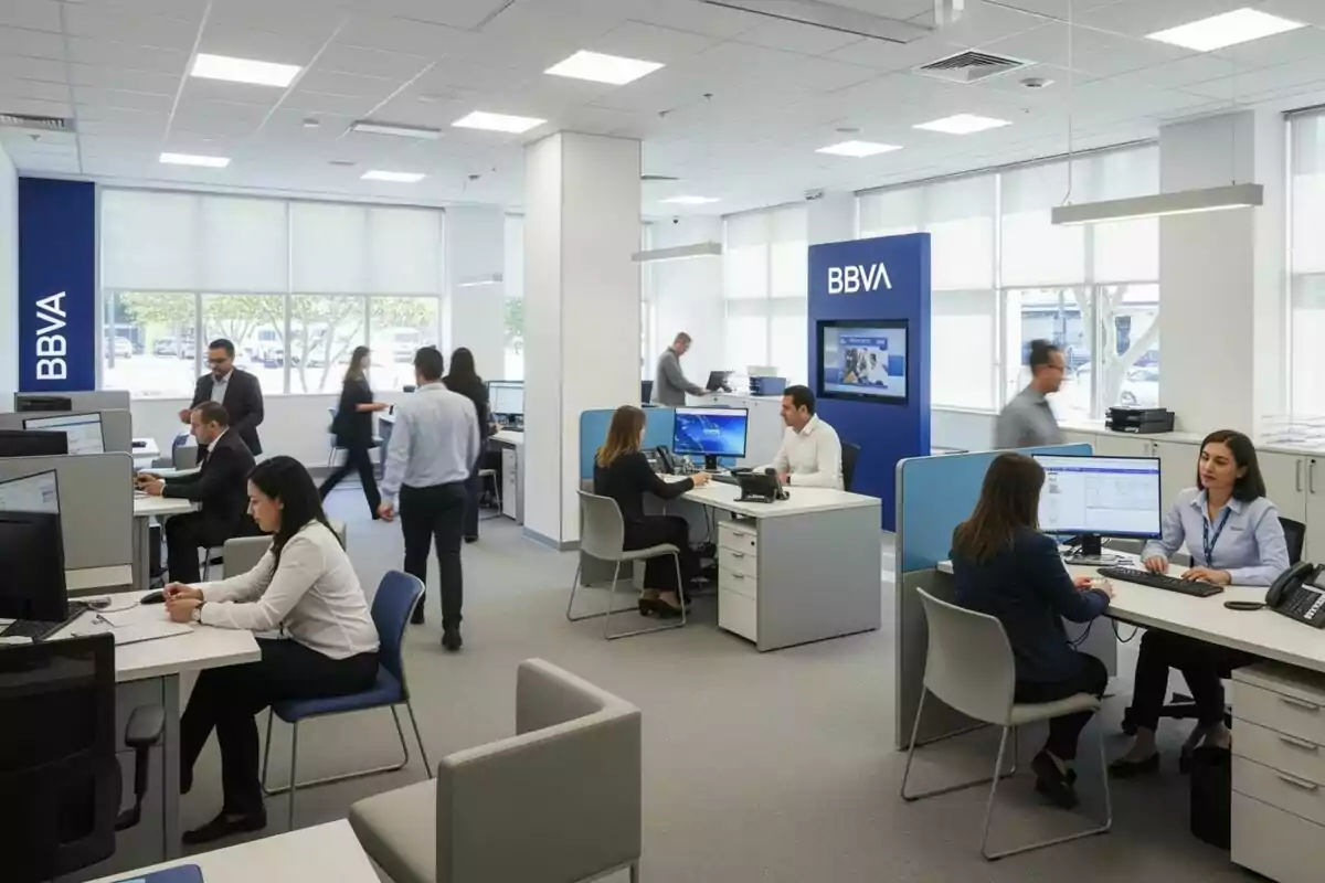 Oficina moderna de BBVA amb empleats treballant a escriptoris i atenent clients en un ambient professional i lluminós Oficina moderna de BBVA amb empleats treballant a escriptoris i atenent clients en un ambient professional i lluminós