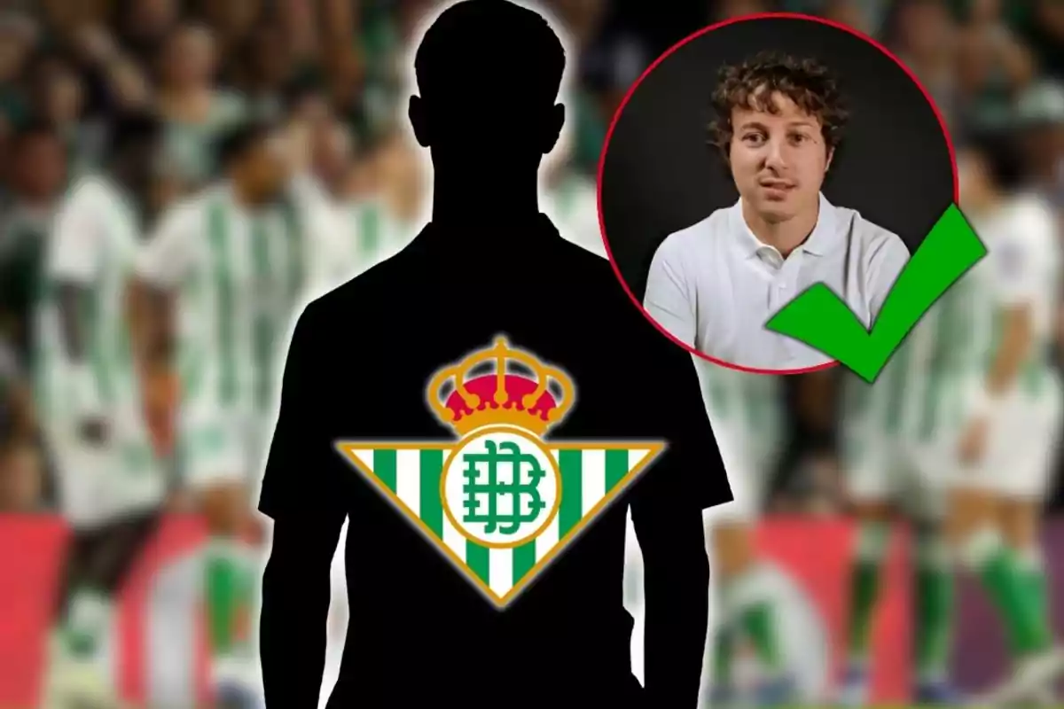 Silueta d’un jugador amb l’escut del Real Betis al pit i un cercle amb la foto d’un home i una marca de verificació verda