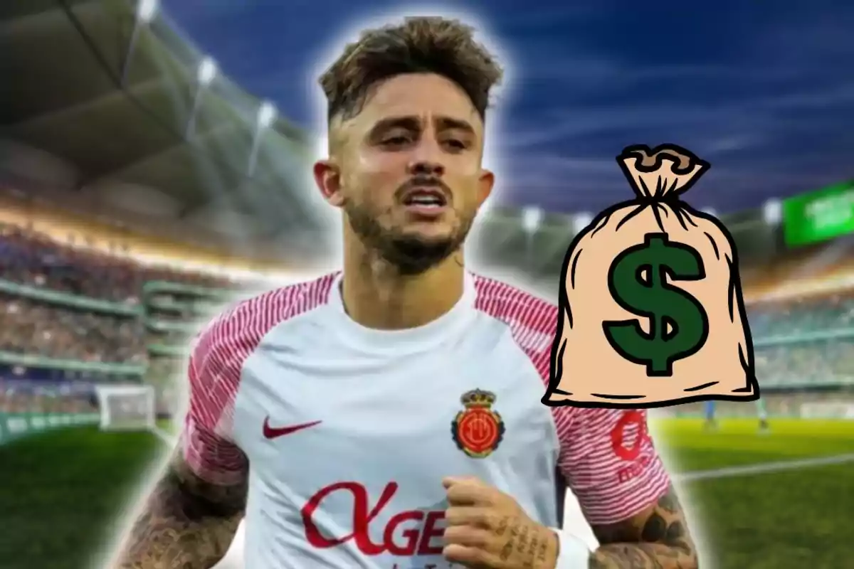 Futbolista en un estadi amb una bossa de diners dibuixada al costat Futbolista en un estadi amb una bossa de diners dibuixada al costat