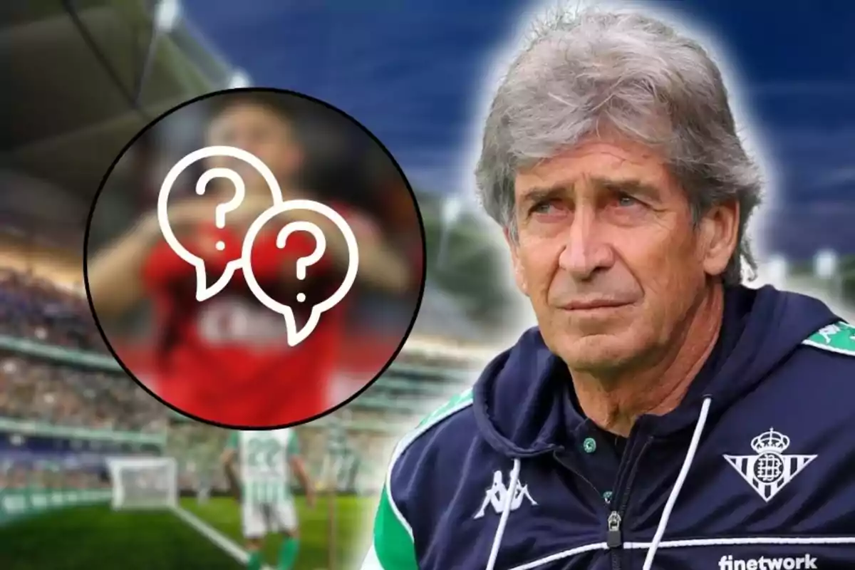 Entrenador de fútbol del Real Betis con expresión seria en un estadio, junto a un círculo con signos de interrogación sobre una figura desenfocada.