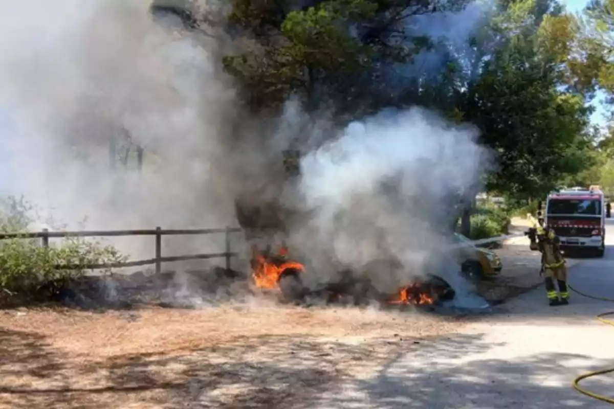 Un cotxe en flames al costat d’un camí envoltat d’arbres mentre un bomber intenta apagar el foc i una camioneta de bombers està estacionada al fons.