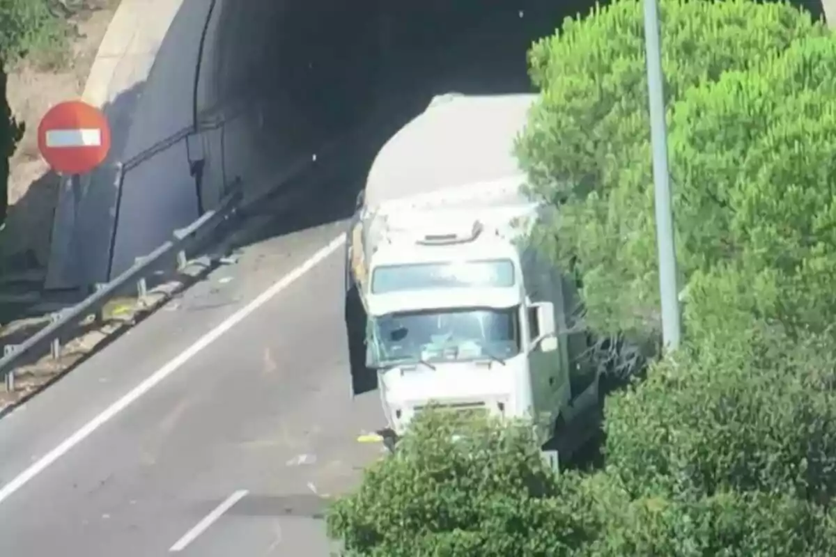 Un camió blanc aturat a la sortida d’un túnel al costat d’un arbre i un senyal de trànsit de sentit prohibit