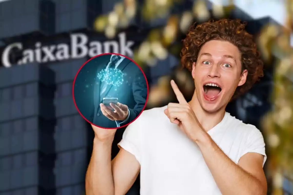 Hombre joven sonriente señalando hacia un gráfico digital de inteligencia artificial sobre un fondo de edificio con el logo de CaixaBank.