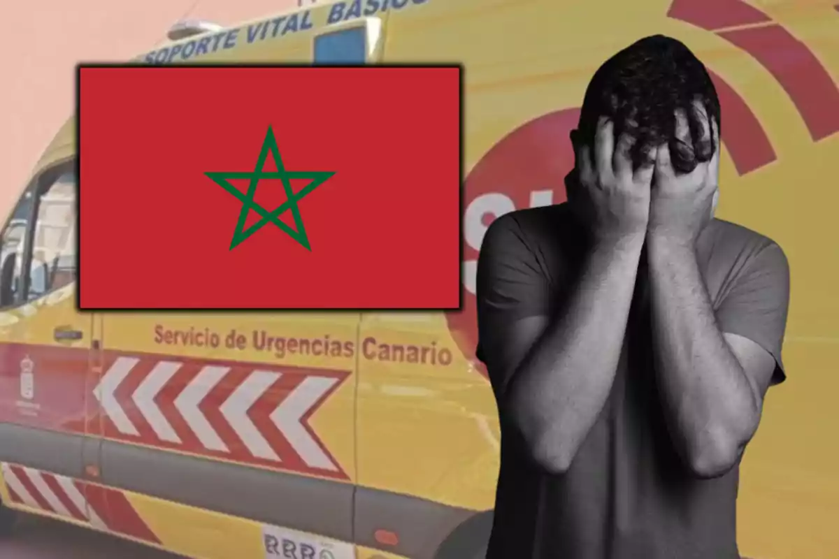 Home cobrint-se la cara amb les mans davant d'una ambulància groga i la bandera del Marroc.
