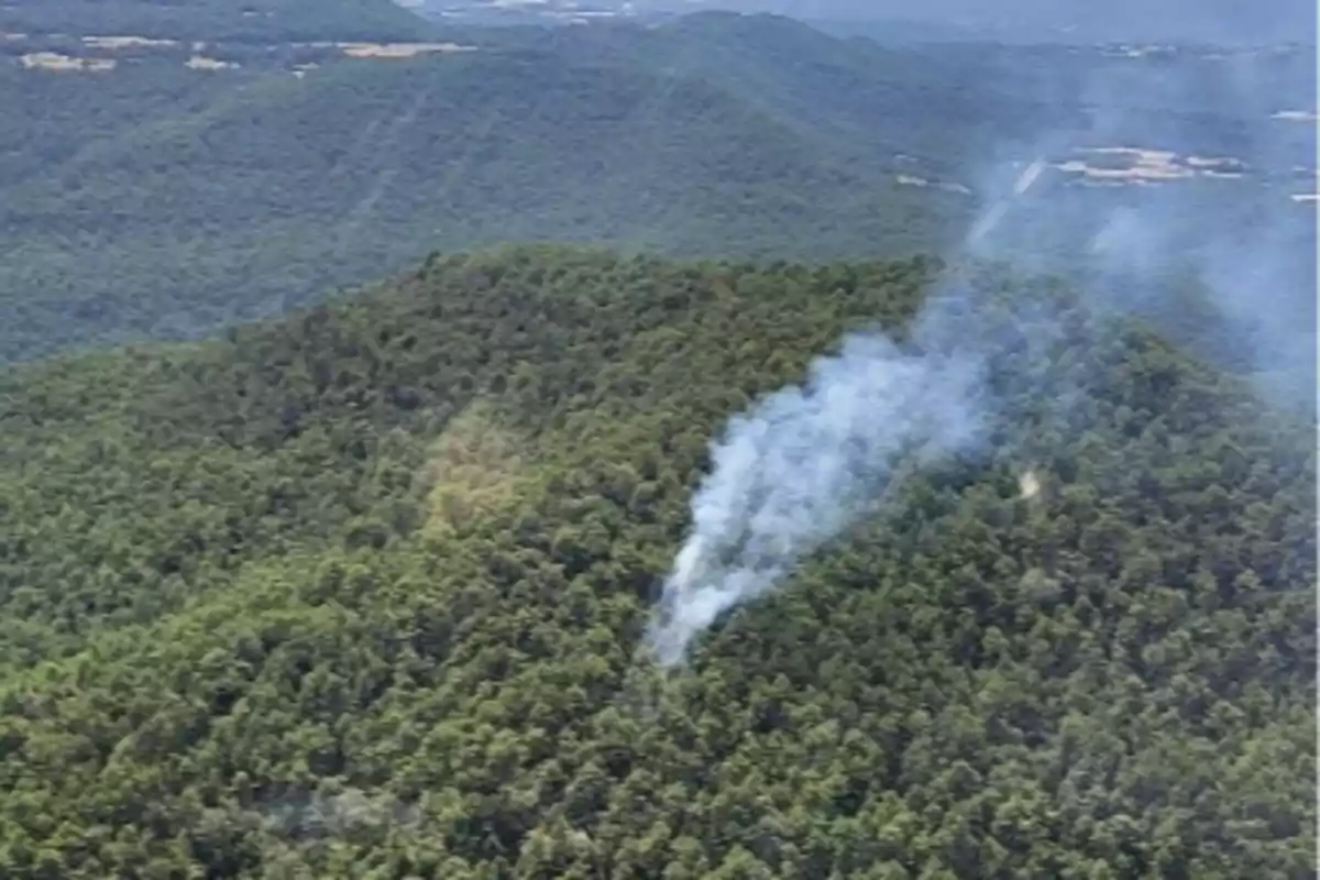 Humo saliendo de un incendio forestal en una zona montañosa cubierta de árboles verdes