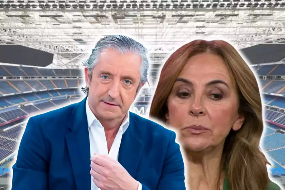 Dues persones en primer pla amb expressió seriosa i un estadi de futbol de fons