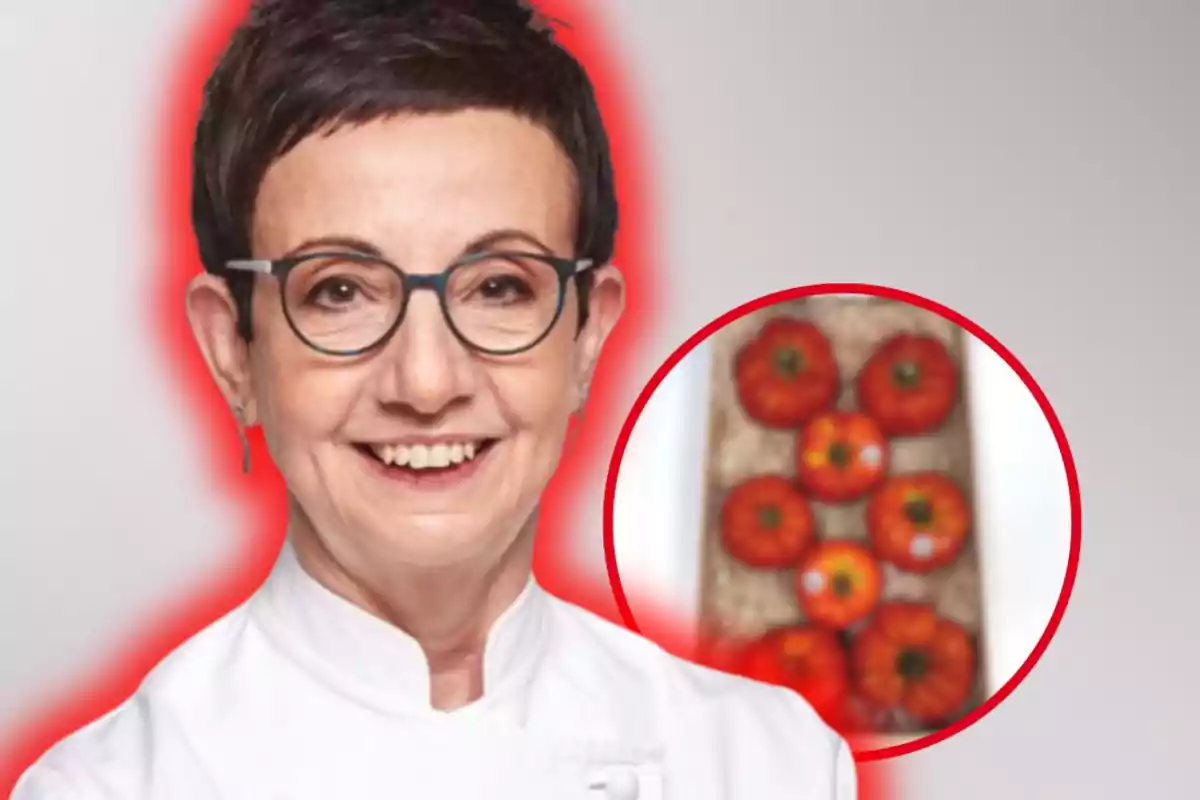 Dona amb ulleres i bata blanca somriu davant de la càmera amb un cercle que mostra diversos tomàquets vermells