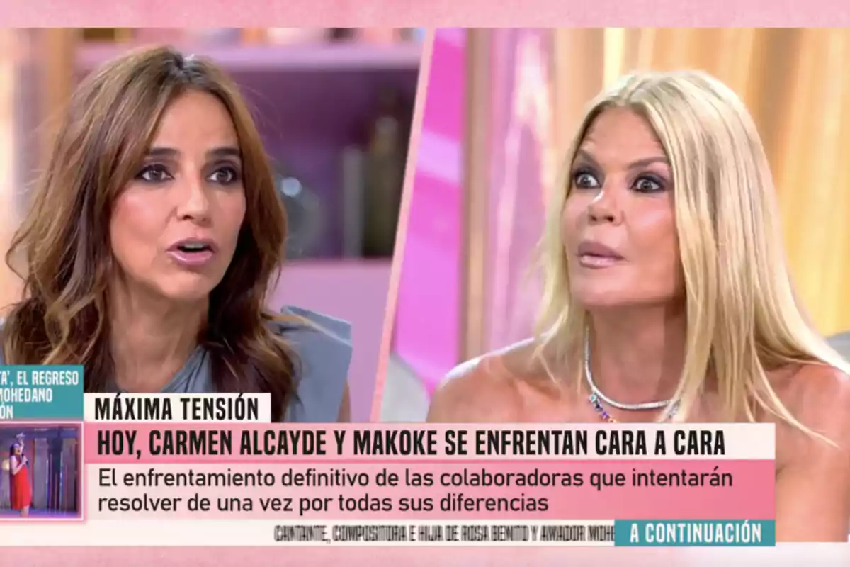 Dues dones conversen en un programa de televisió amb un rètol que anuncia un enfrontament entre col·laboradores i un ambient de màxima tensió. Dues dones conversen en un programa de televisió amb un rètol que anuncia un enfrontament entre col·laboradores i un ambient de màxima tensió.