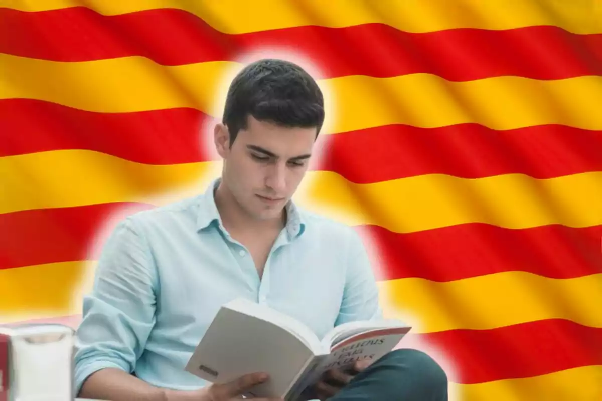 Jove llegint un llibre davant d’una bandera amb franges vermelles i grogues ondulades
