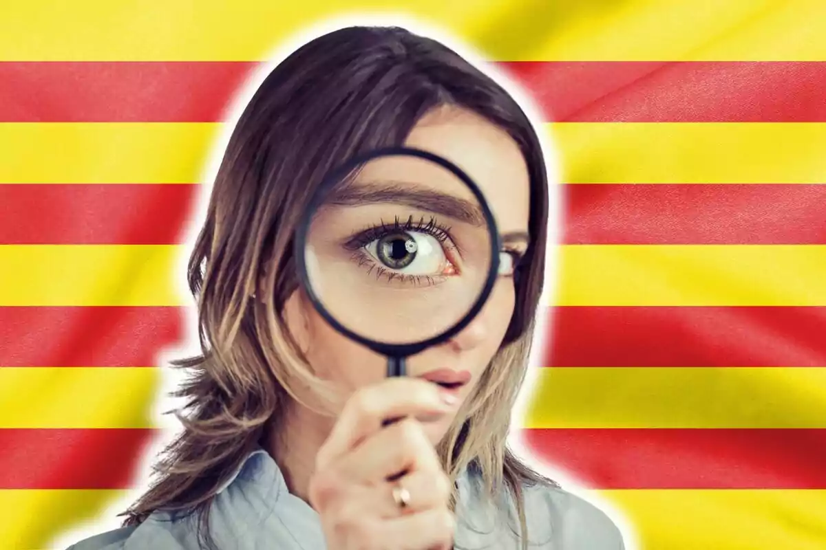 Dona sostenint una lupa davant de l’ull amb una bandera de ratlles vermelles i grogues de fons
