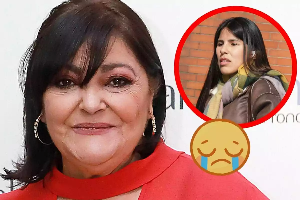 Charo Reina amb una brusa vermella somriu mentre a la cantonada superior dreta apareix un cercle amb la imatge d’una altra dona jove, Isa Pantoja, de cabells llargs i un emoji de carona trista plorant.