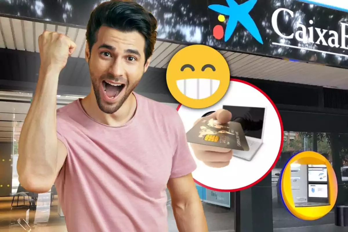 Hombre joven sonriente levantando el puño en señal de triunfo frente a una sucursal bancaria con un emoji feliz y una ilustración de una mano sosteniendo una tarjeta de crédito