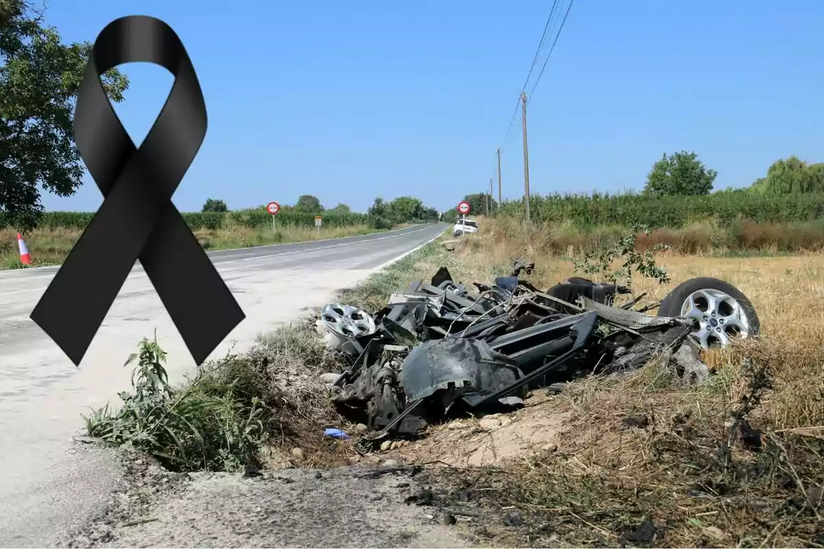 Cinta negra de dol al costat de les restes d’un automòbil accidentat a la vora d’una carretera rural en un dia assolellat