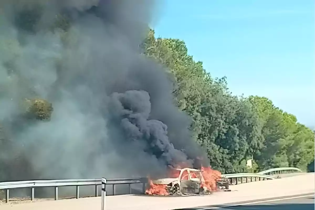 Un coche incendiado en el arcén de una carretera emite una gran columna de humo negro junto a una zona arbolada.