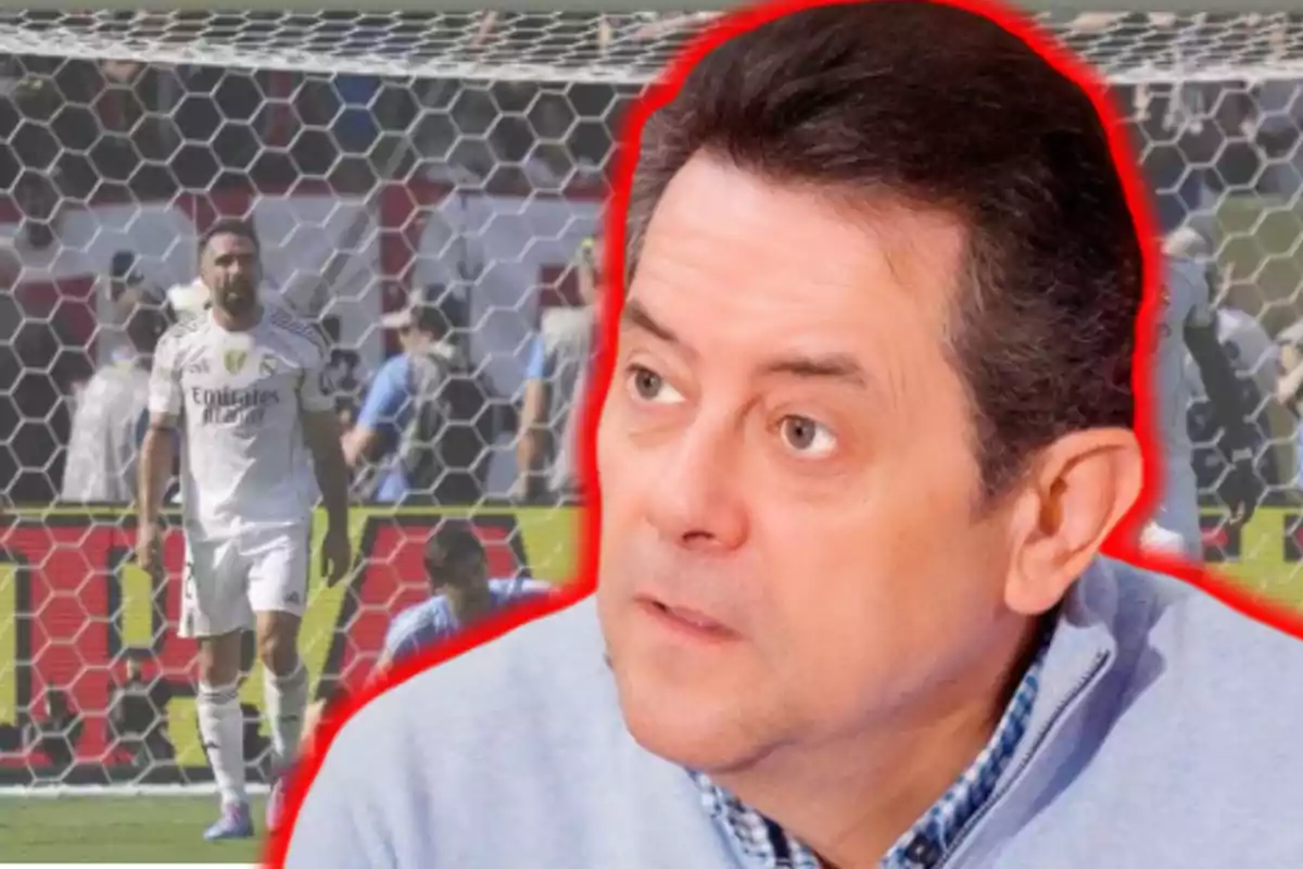 Primer plano de un hombre con expresión seria y fondo de un portero de fútbol dentro de la portería, ambos resaltados con un contorno rojo