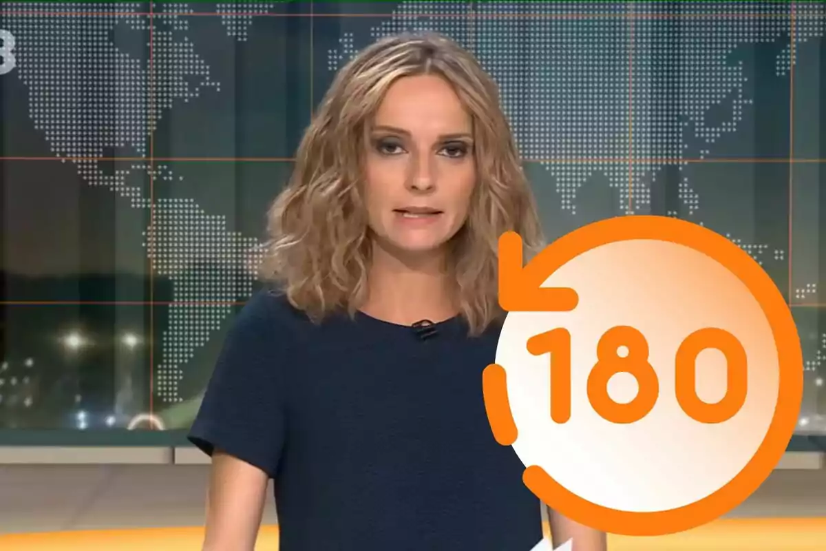 Presentadora de notícies amb un fons de mapa mundial i un gràfic taronja amb el número 180 en primer pla