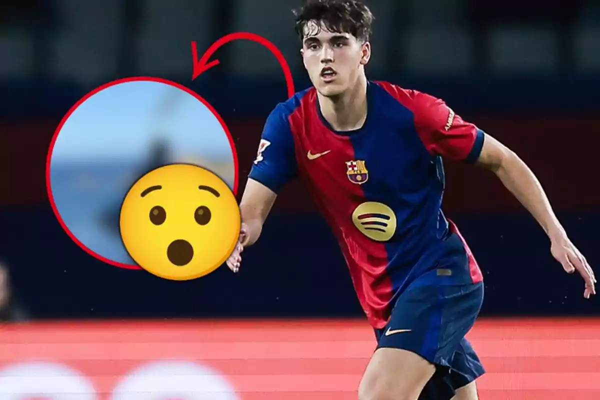 Jugador del Barcelona en acció amb un cercle ampliat i un emoji de sorpresa sobre la imatge