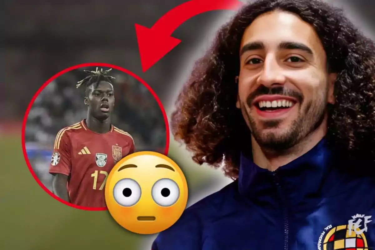 Un futbolista somrient amb cabell arrissat apareix en primer pla, mentre al fons es mostra un altre jugador amb uniforme vermell dins d’un cercle vermell i una fletxa, acompanyat d’un emoji de sorpresa.