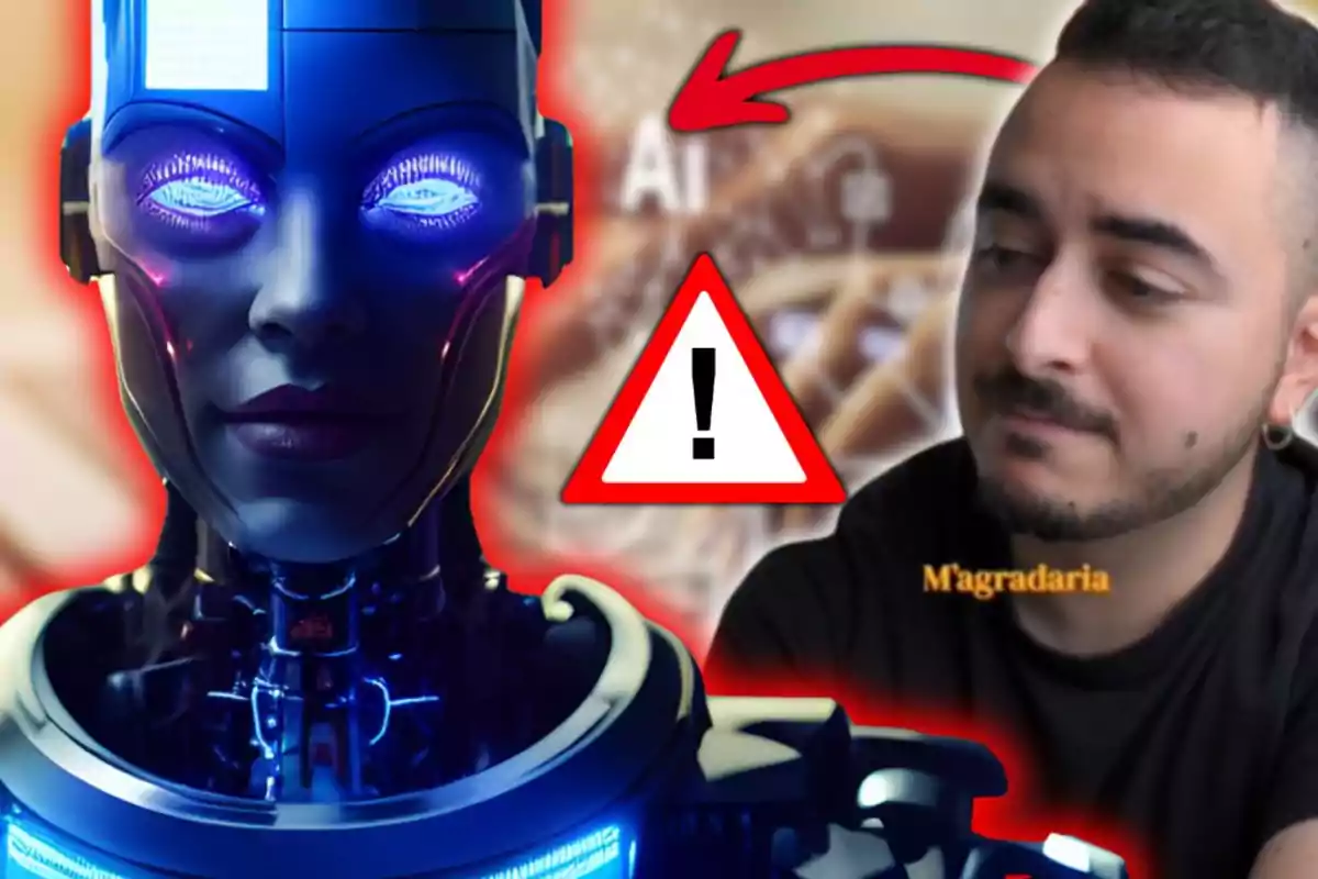 Un robot futurista amb ulls brillants mira al davant mentre un home observa l’escena amb una expressió seriosa i un senyal d’advertència apareix al centre de la imatge.