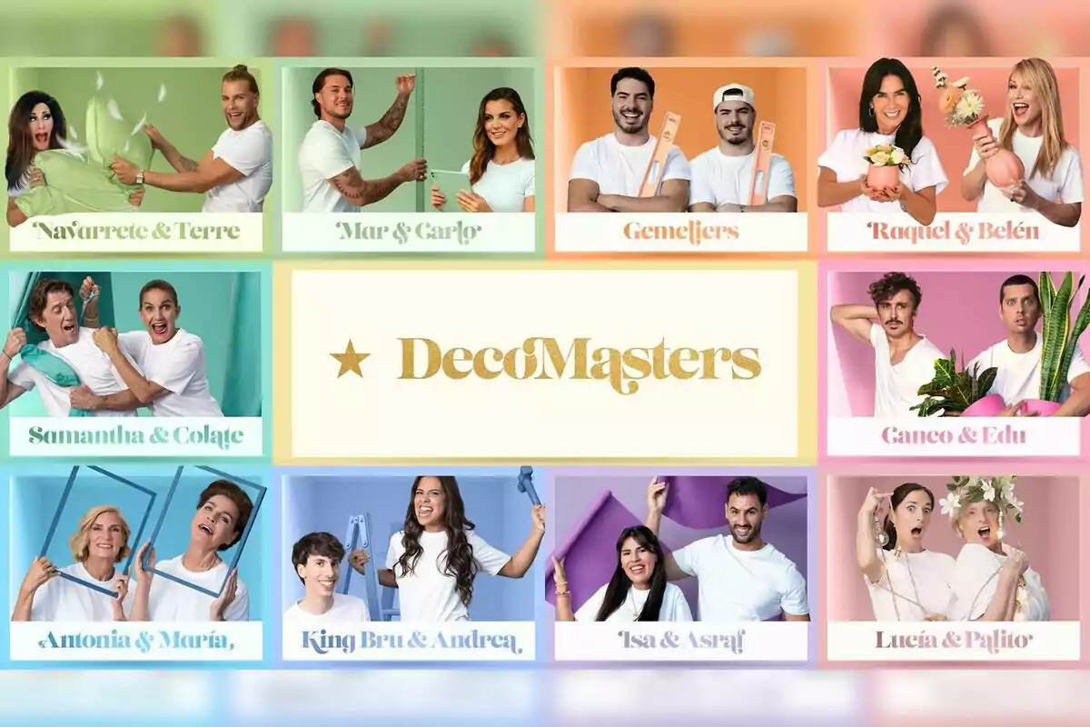 Imatge promocional del programa DecoMasters que mostra diverses parelles de concursants posant amb objectes de decoració i eines, cada parella és en un requadre de color diferent i al centre apareix el logotip del programa. Imatge promocional del programa DecoMasters que mostra diverses parelles de concursants posant amb objectes de decoració i eines, cada parella és en un requadre de color diferent i al centre apareix el logotip del programa.