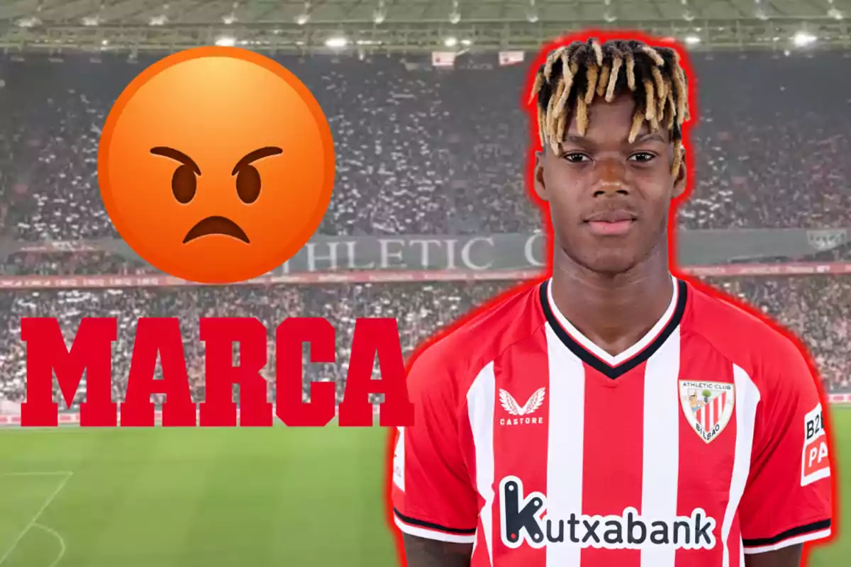 Futbolista de l’Athletic Club amb gest seriós al costat d’un emoji d’enfadament i el logotip de Marca sobre un estadi ple d’aficionats