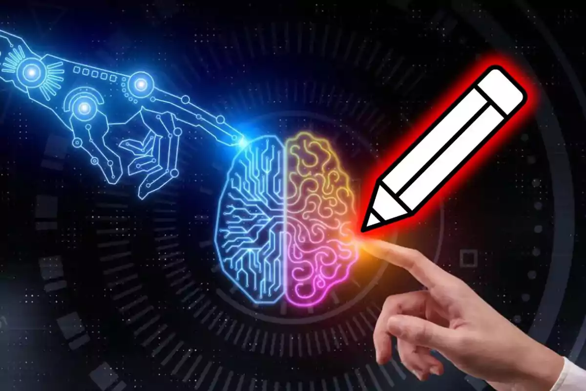 Una mà humana i una mà robòtica toquen un cervell dividit en dues meitats, una amb circuits i l’altra amb línies corbes, al costat d’una icona de llapis.
