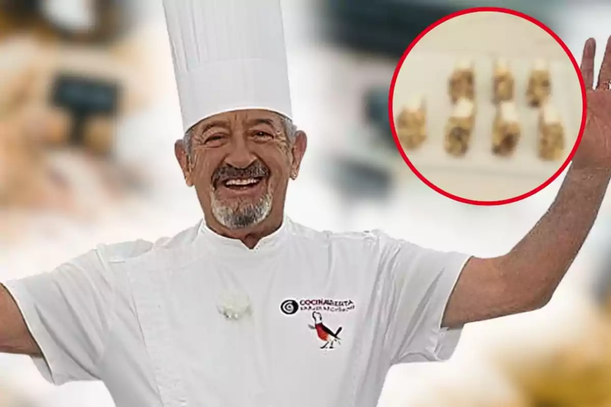 Xef somrient amb uniforme blanc i gorra de cuina aixecant els braços, al fons un cercle vermell ressalta una safata amb petits mossecs difuminats.