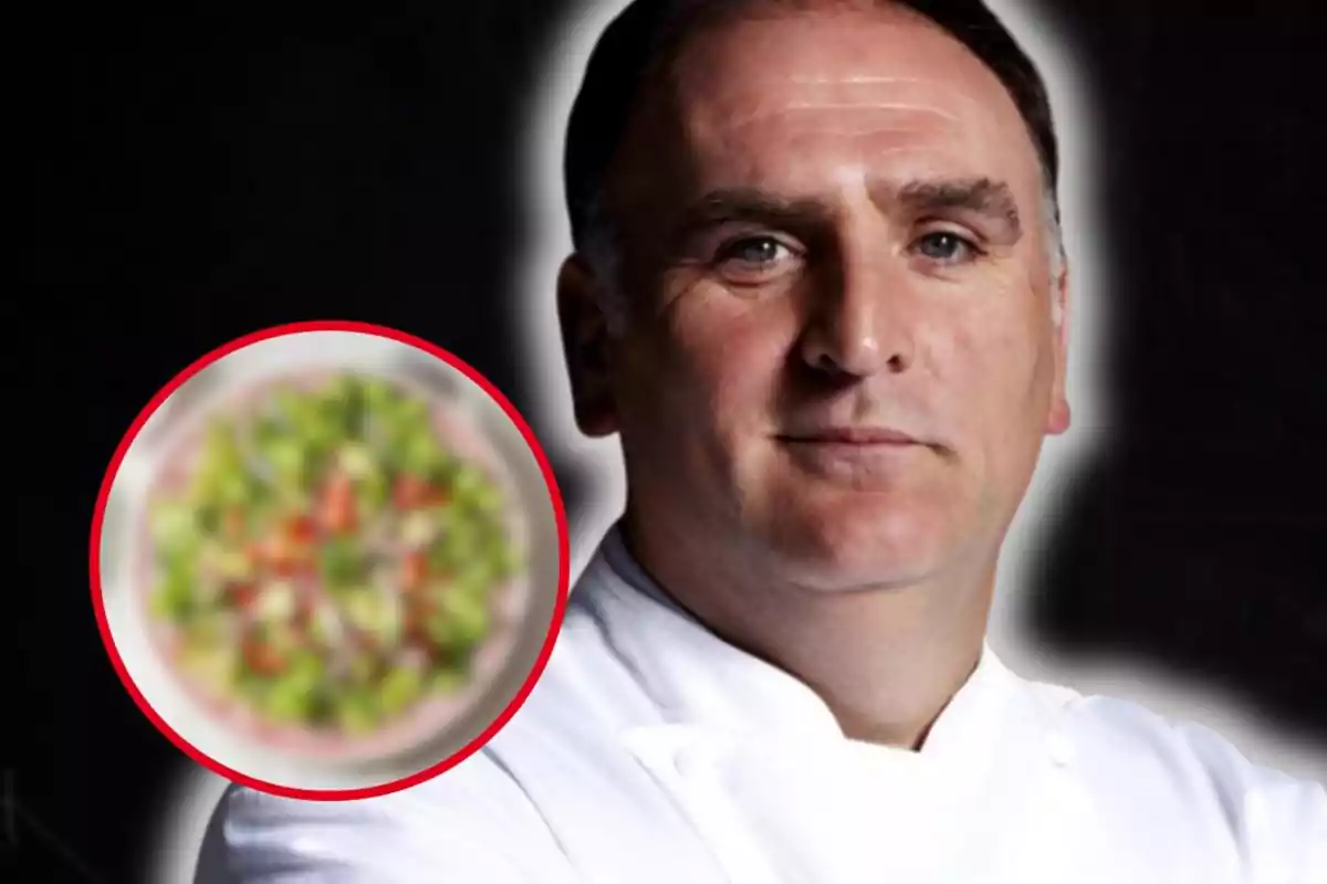 Xef amb jaqueta blanca de cuina i un plat de menjar desenfocat emmarcat en un cercle vermell al seu costat.