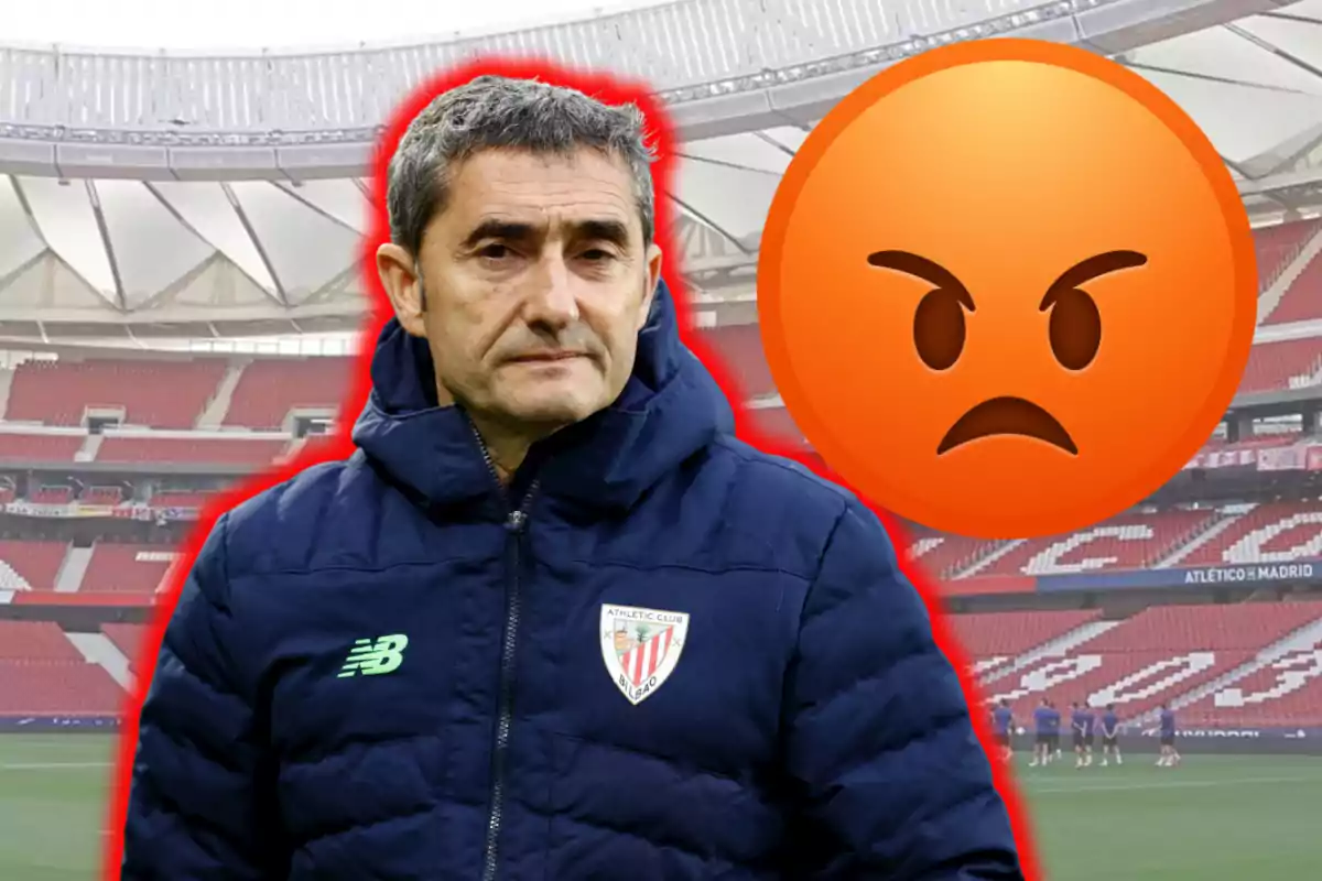Entrenador de l’Athletic Club amb posat seriós i un emoji d’enfadament sobre un estadi de futbol