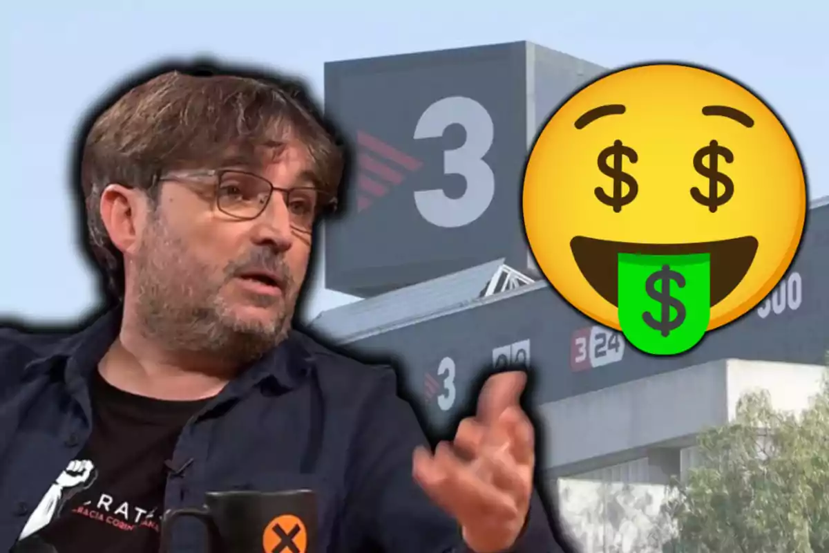 Un home amb ulleres gesticulant en primer pla, al fons un edifici amb el logotip de TV3 i un emoji de cara somrient amb símbols de dòlar als ulls i a la llengua.