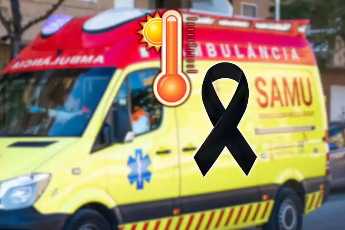 Ambulancia amarilla desenfocada con un termómetro de calor y un lazo negro superpuestos en el centro de la imagen