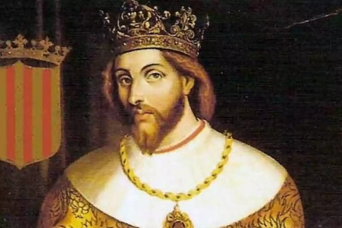 Retrat d’un rei medieval amb corona i vestimenta daurada, acompanyat d’un escut amb franges vermelles i grogues al fons Retrat d’un rei medieval amb corona i vestimenta daurada, acompanyat d’un escut amb franges vermelles i grogues al fons