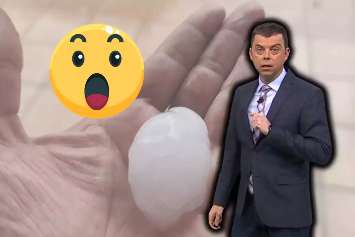 Un home amb expressió de sorpresa al costat d’una mà sostenint un gran calamarsa i un emoji sorprès.