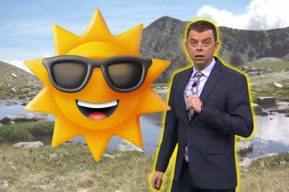 Hombre con traje junto a un sol animado con gafas de sol en un paisaje de montaña y lago