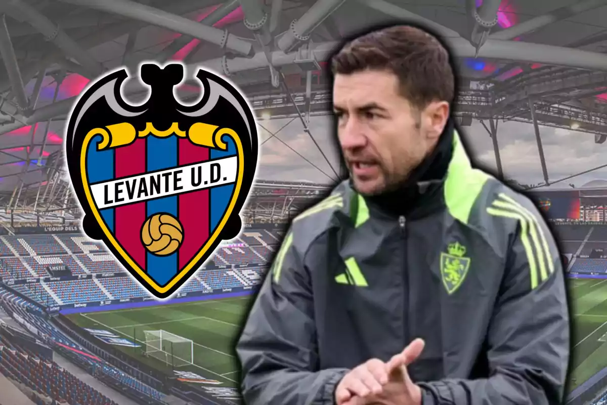 Gabi, coach of Real Zaragoza, and the Levante crest