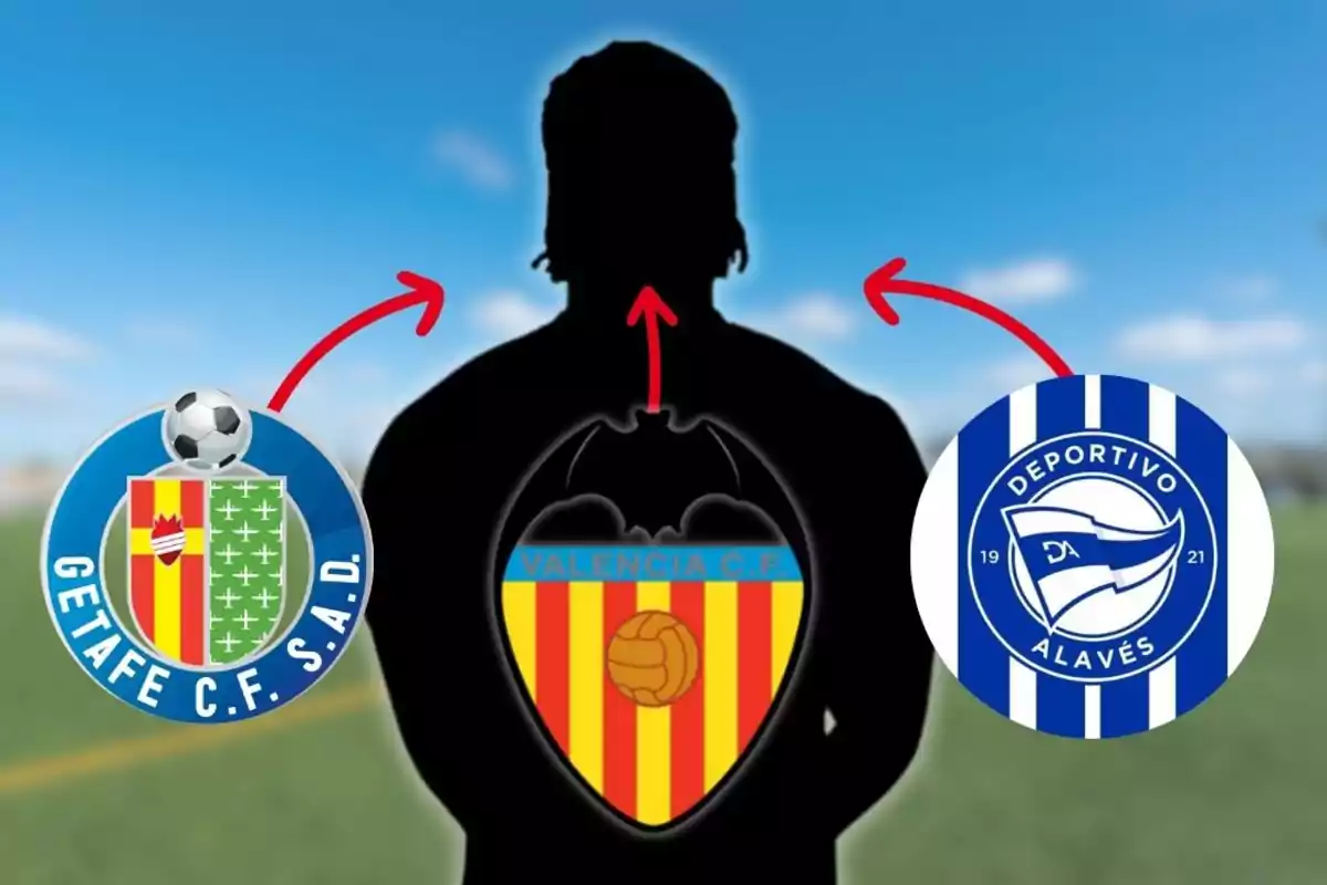 Silueta de una persona con el escudo del Valencia CF en el centro y flechas rojas que apuntan hacia los escudos del Getafe CF y Deportivo Alavés sobre un fondo de campo de fútbol desenfocado