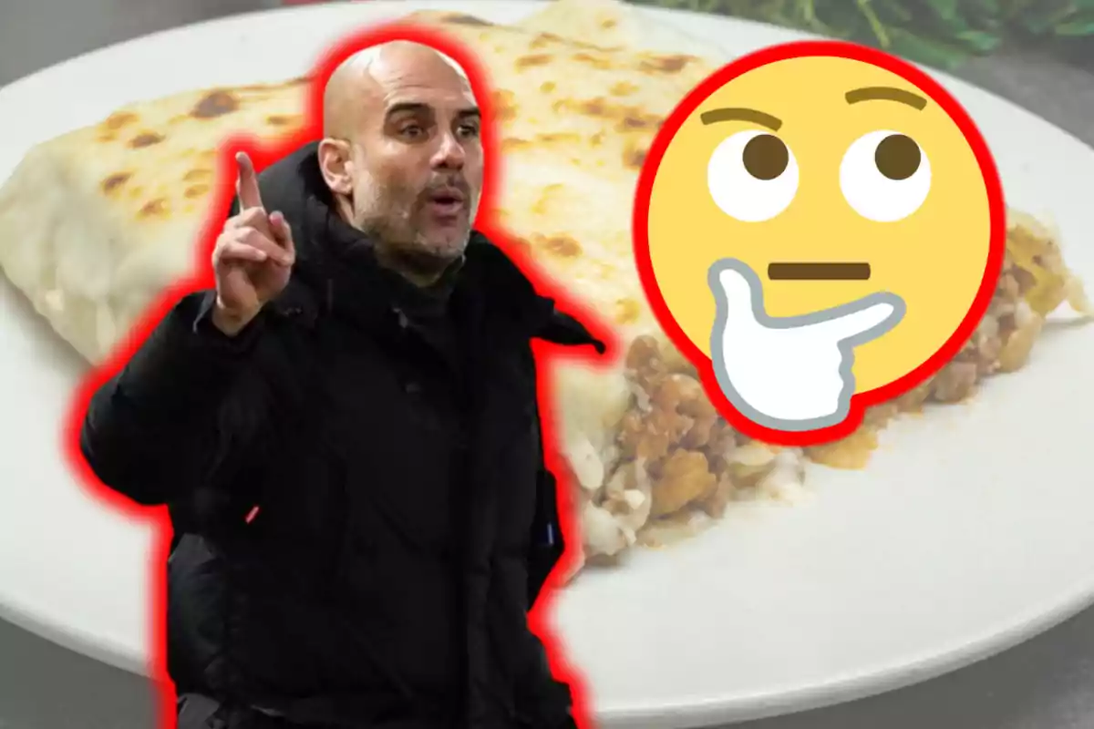 Home calb assenyalant amb el dit al costat d’un emoji pensatiu i un plat de lasanya al fons