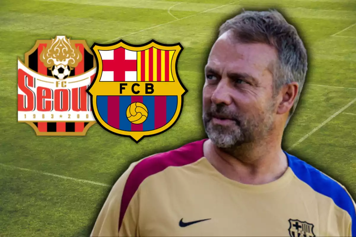 Hansi Flick i els escuts del Seoul FC i del Barça