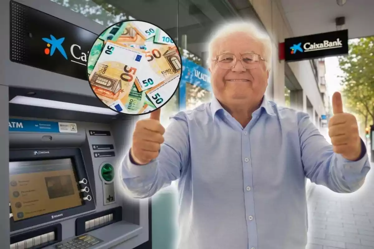 Home gran somrient amb els polzes amunt davant d’un caixer automàtic de CaixaBank i un cercle que mostra bitllets d’euro