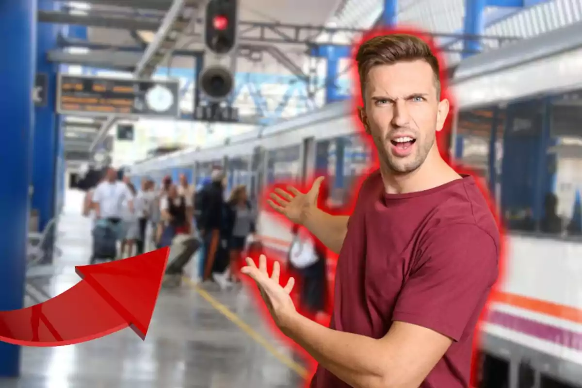 Hombre sorprendido señalando hacia un tren en una estación con una flecha roja en primer plano Hombre sorprendido señalando hacia un tren en una estación con una flecha roja en primer plano