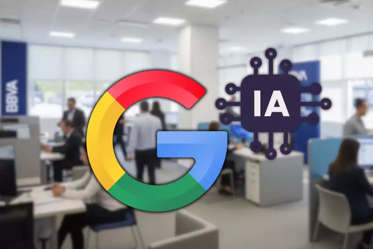 Logotip de Google i una icona d’intel·ligència artificial amb les lletres IA sobre una oficina moderna amb persones treballant a escriptoris Logotip de Google i una icona d’intel·ligència artificial amb les lletres IA sobre una oficina moderna amb persones treballant a escriptoris